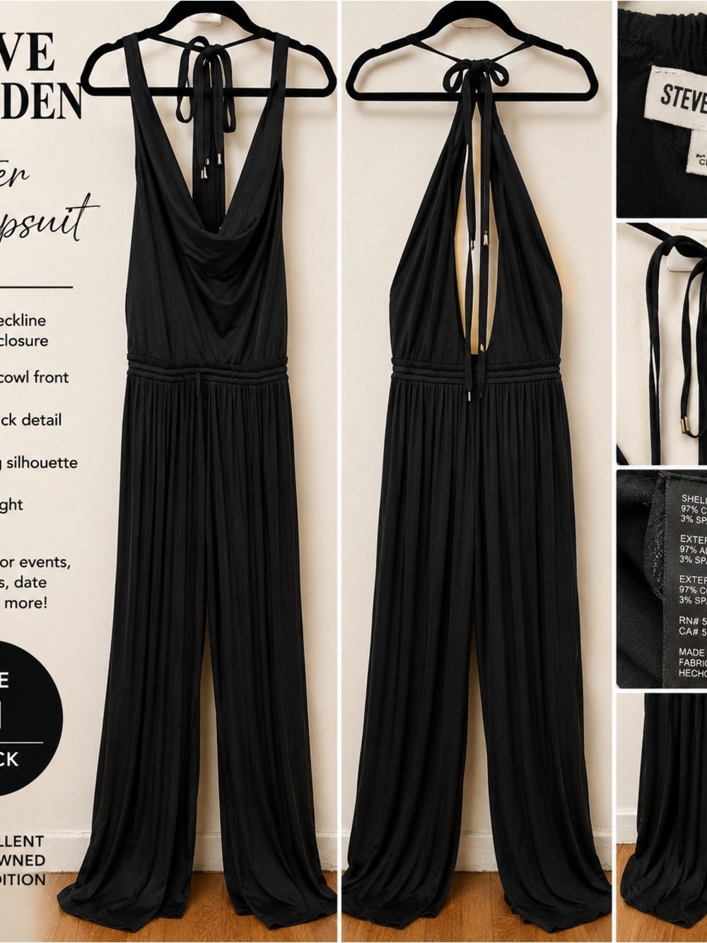 Steve Madden Black Halter Cowl-Neck Wide-Leg Jumpsuit